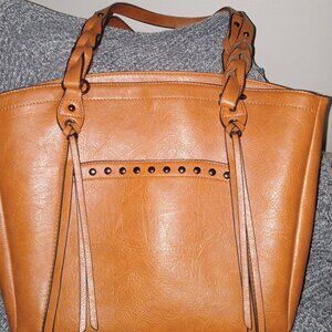 Sam & Hadley Handbag Purse Large Cognac Faux Leather Gunmetal Hardware
